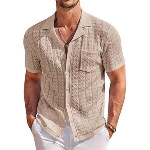 Men's Knit Button Down Shirt Short Sleeve Vintage Polo Shirts Summer